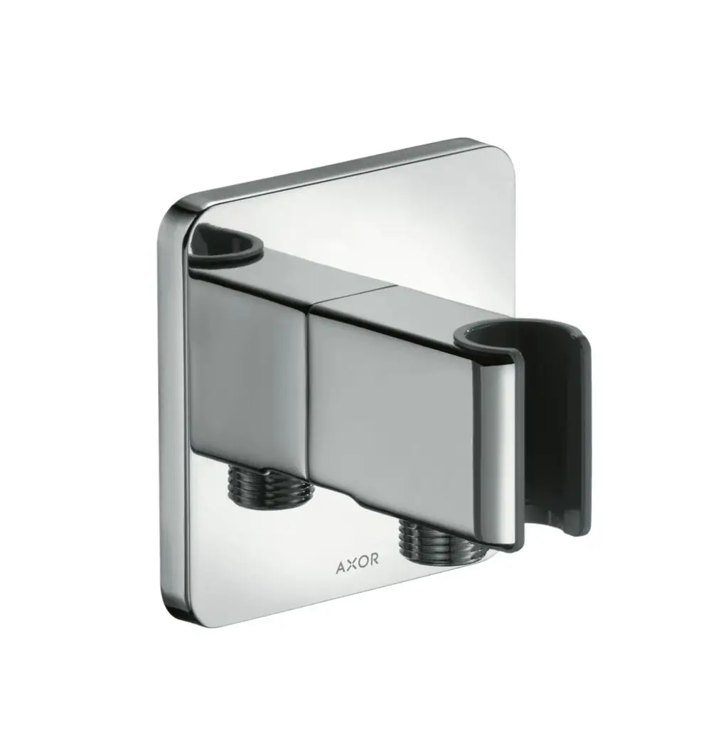 Wandmontierte AXOR Produkteinheit in glänzendem Chrom mit zwei angeschlossenen Anschlüssen und einem Halter. Ideal für Duschinstallationen.
